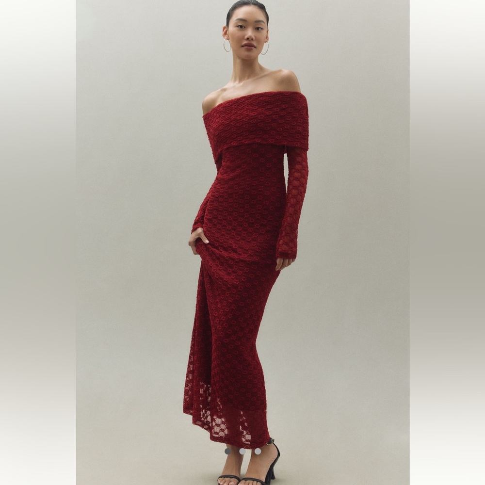 Bardot Off The Shoulder Lace Maxi Dress in Burgundy